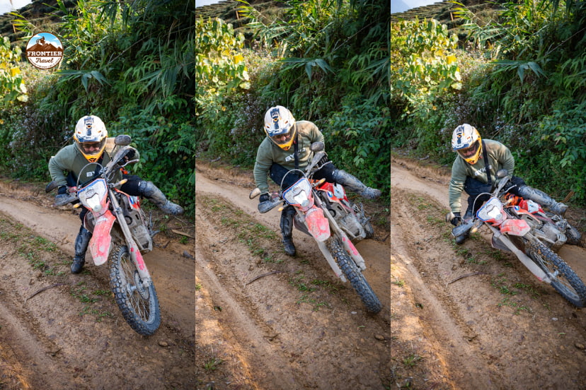Motorbike rider losing balance during sudden braking on a Vietnam road